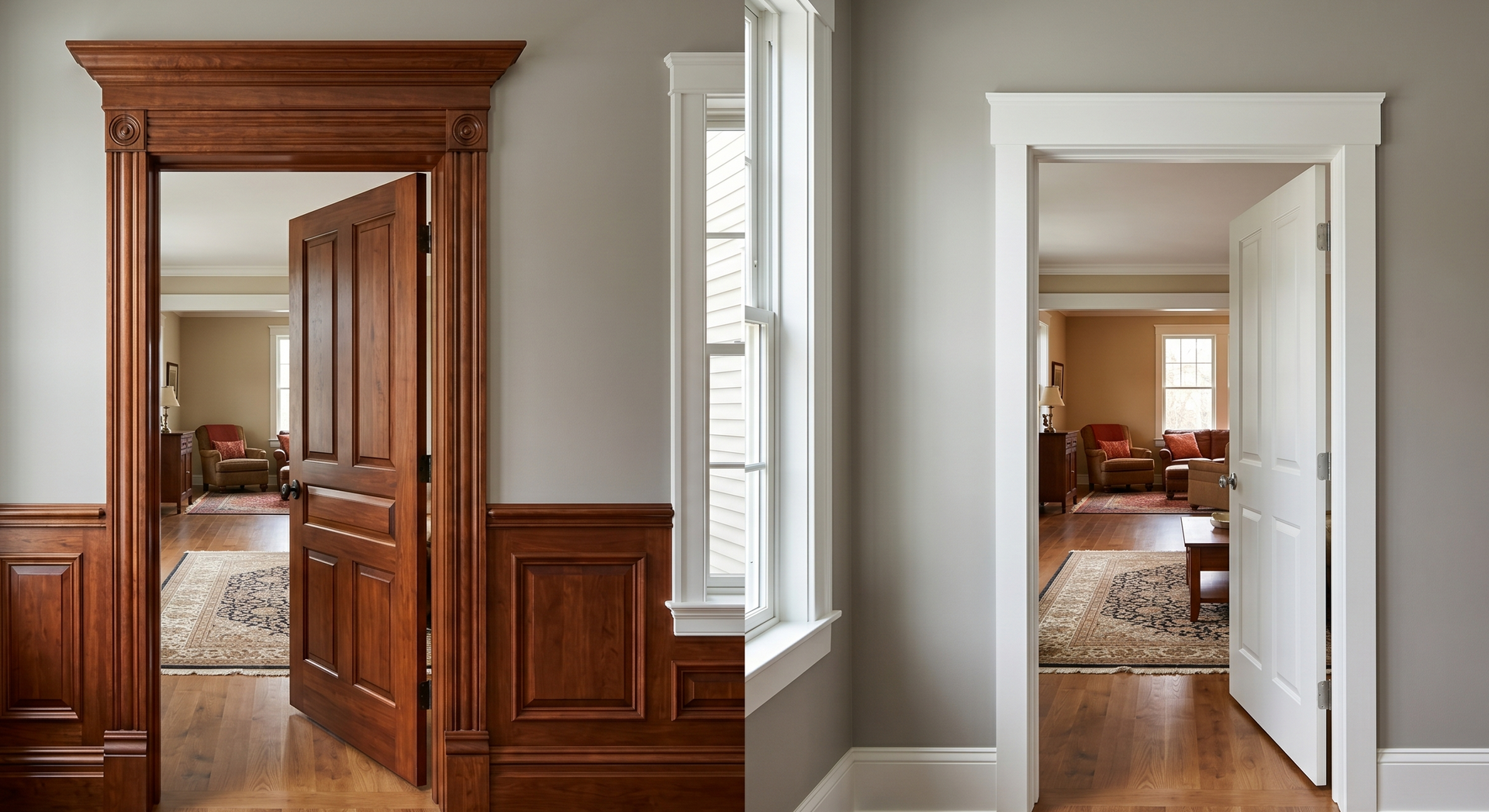 Before-and-after view of a doorway with dark wood trim changed to white trim in a room interior