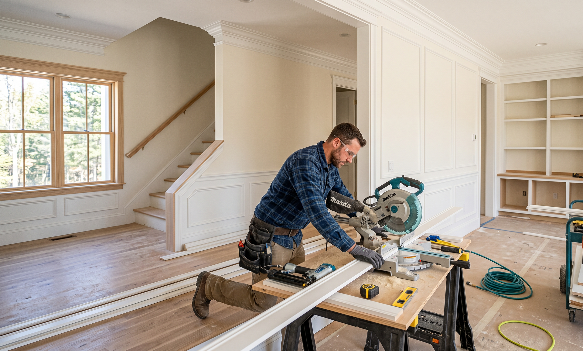 Man cutting wood with a miter saw in a bright, unfinished room with stairs and built-in shelves