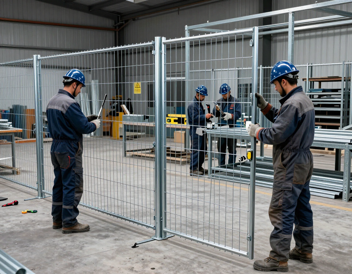 Instalación de cerramiento comercial con malla galvanizada y herramientas de precisión.