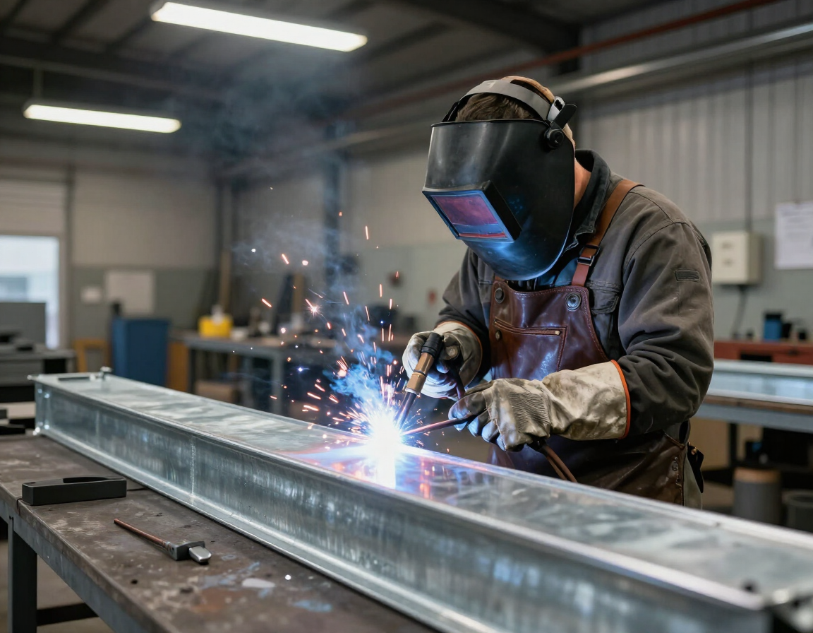 Trabajo de soldadura sobre componentes metálicos galvanizados en taller.