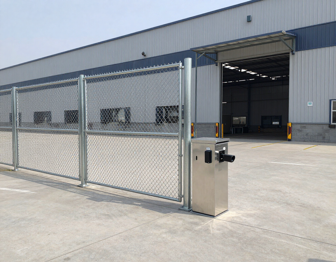 Cerramiento para bodega o empresa con acceso controlado y malla galvanizada.