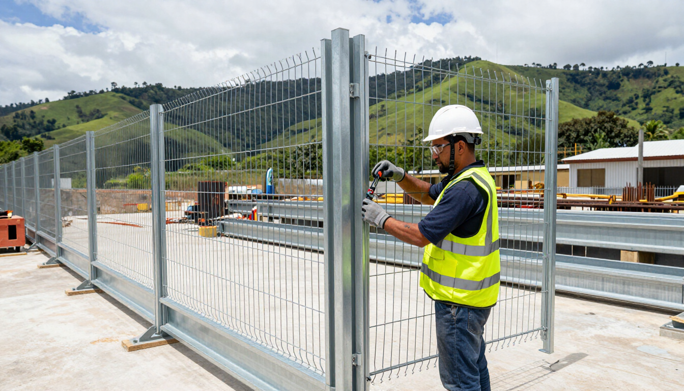 Instalación profesional de malla eslabonada galvanizada en terreno industrial.