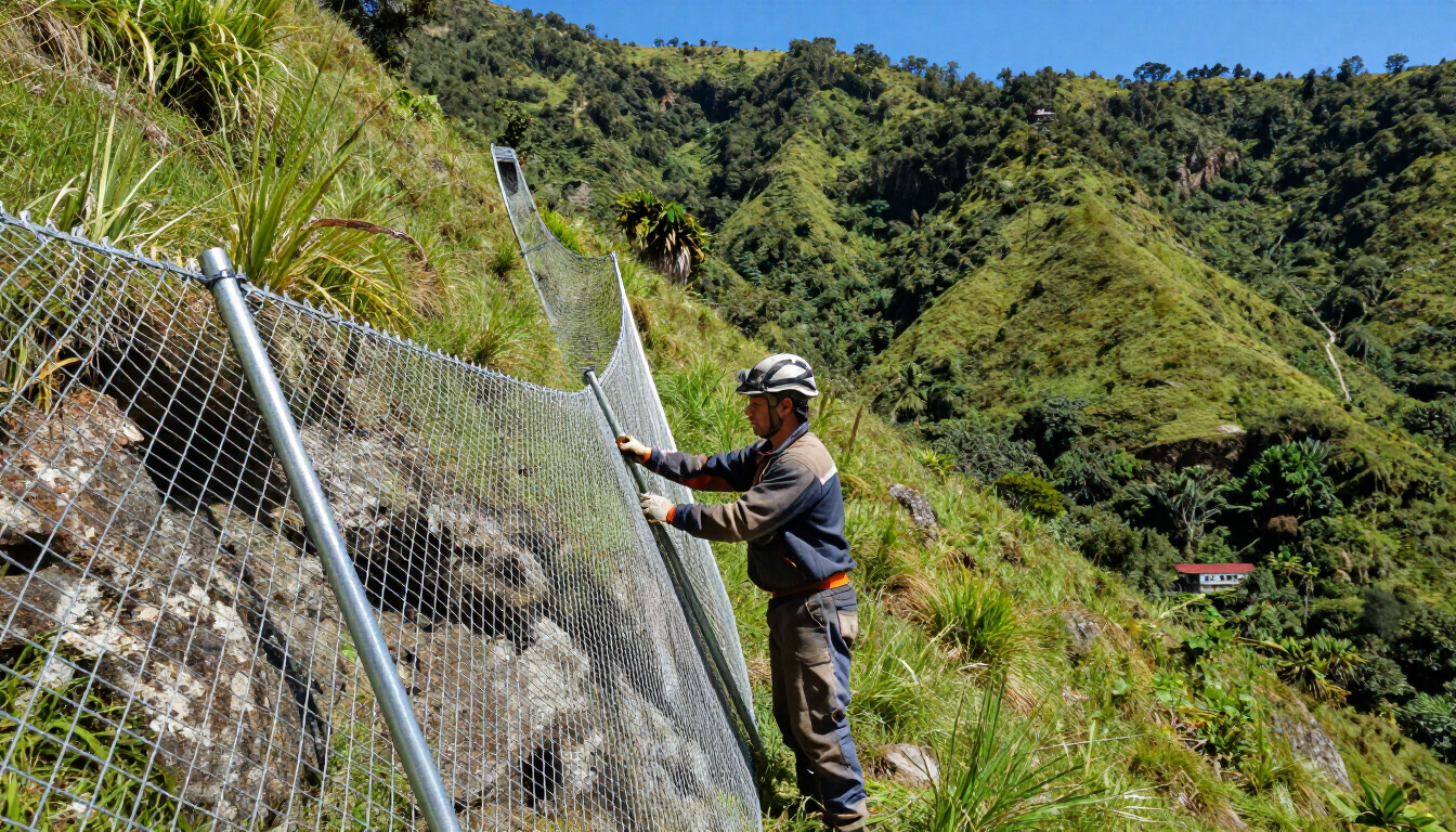 Instalación de malla en terreno inclinado
