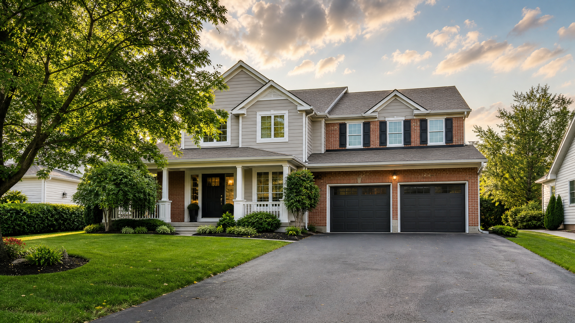 Suburban two-story house with a front porch, two-car garage, and a large tree-lined lawn.