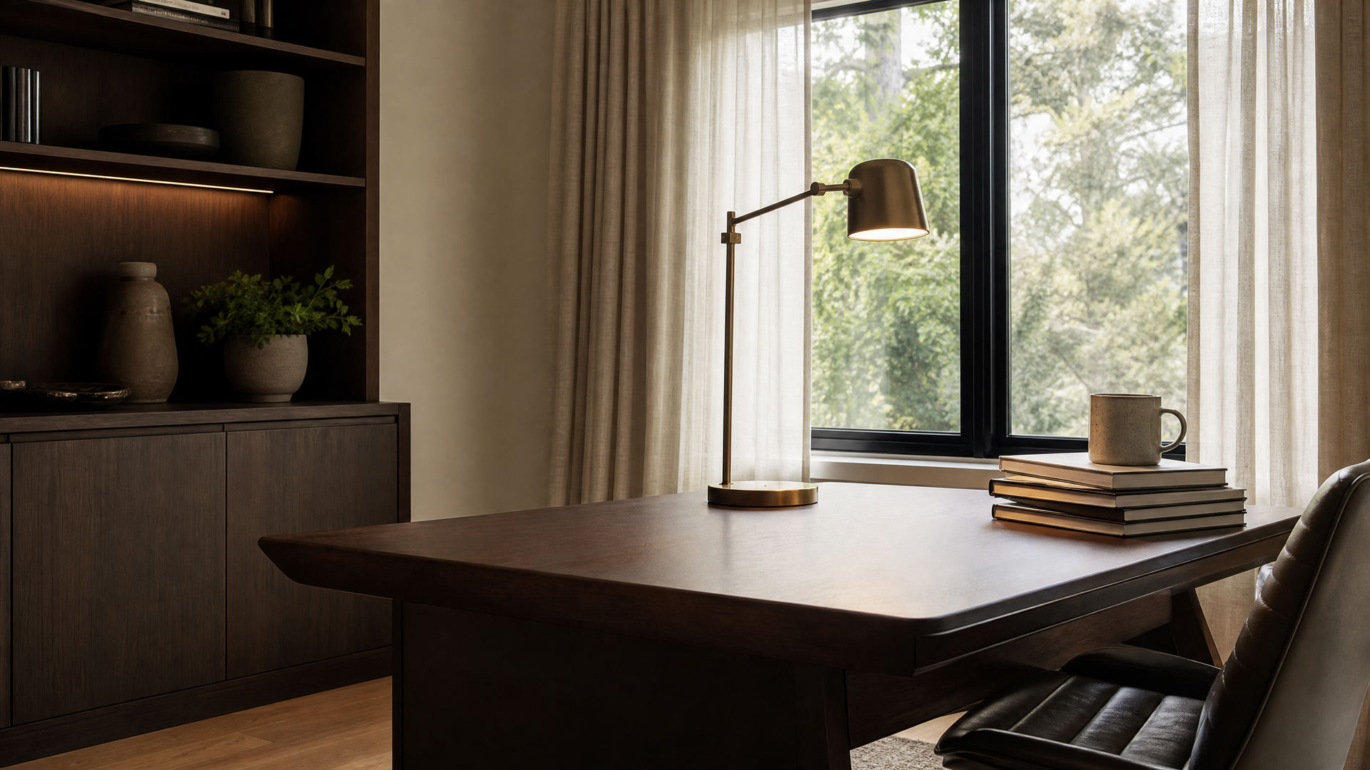 Cozy home office with wooden desk, lamp, bookshelves, and a window with daylight.