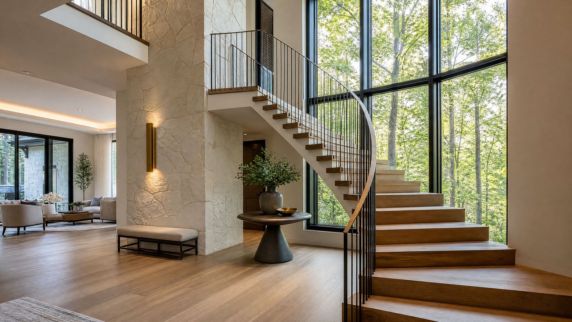 Modern open foyer with curved staircase, floor-to-ceiling windows, and light wood floors
