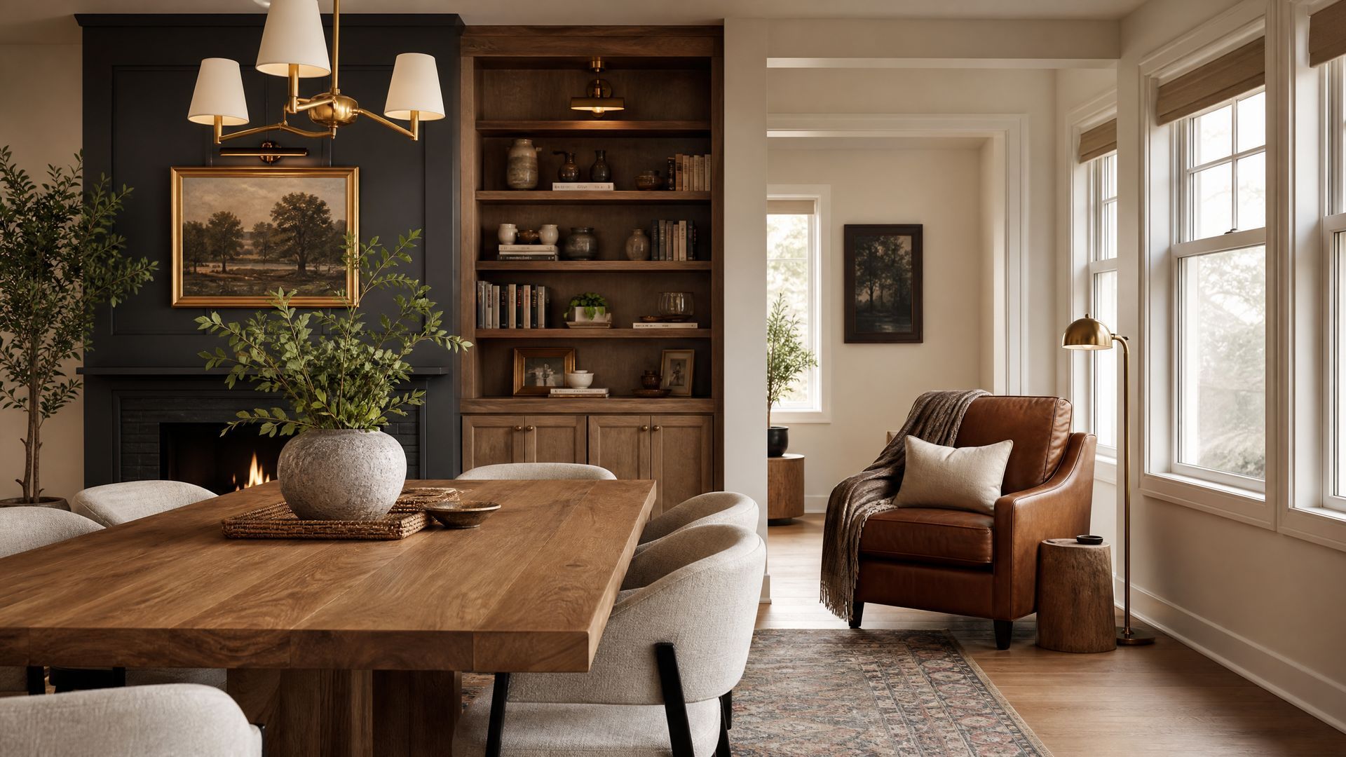 Warm dining room with wooden table, built-in shelves, a leather armchair, and large windows.