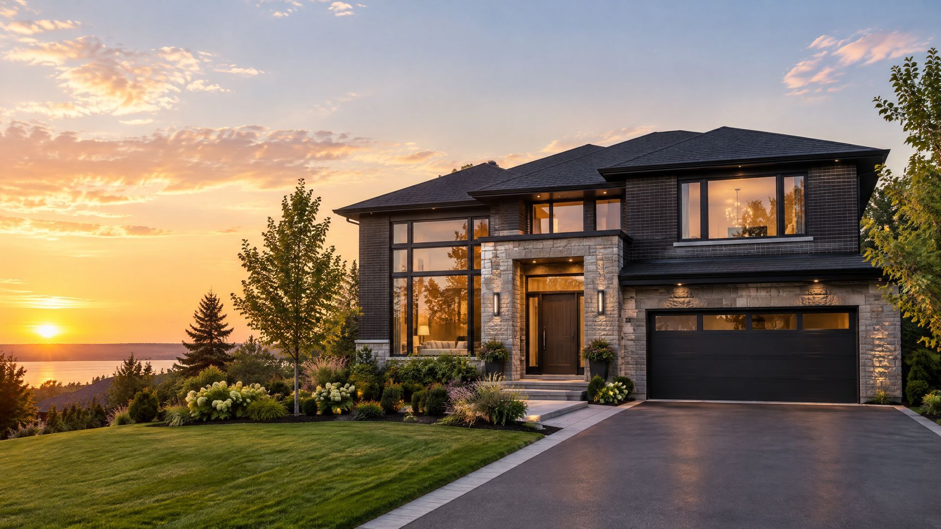 Modern two-story house with a garage at sunset, warm lights on and a landscaped front yard