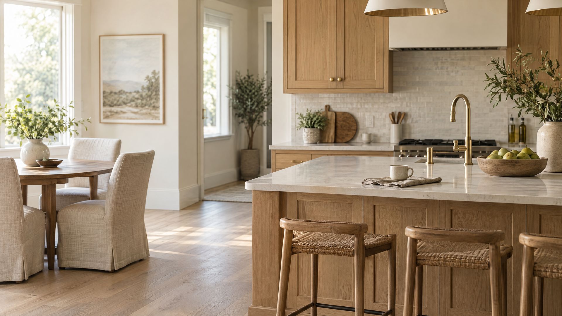 Bright kitchen with wood cabinets, marble island, stools, and a dining nook by large windows