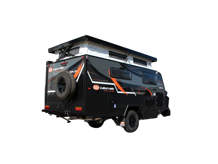 A black camper trailer with a rooftop tent on a white background.