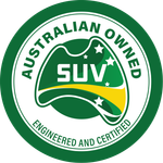 Green and white Australian Owned SUV logo, circular, with map outline and stars.
