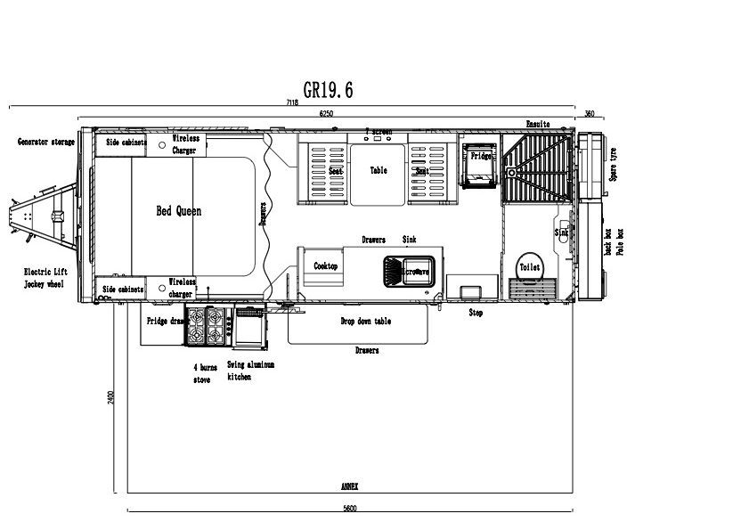 Floor plan of a GR19.6 trailer, showing bed, kitchen, bathroom, and outdoor area.