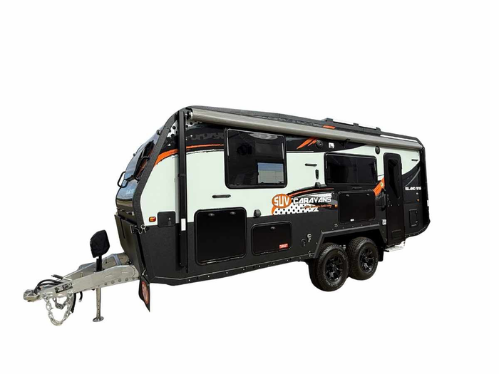 A black rv with a trailer attached to it on a white background.