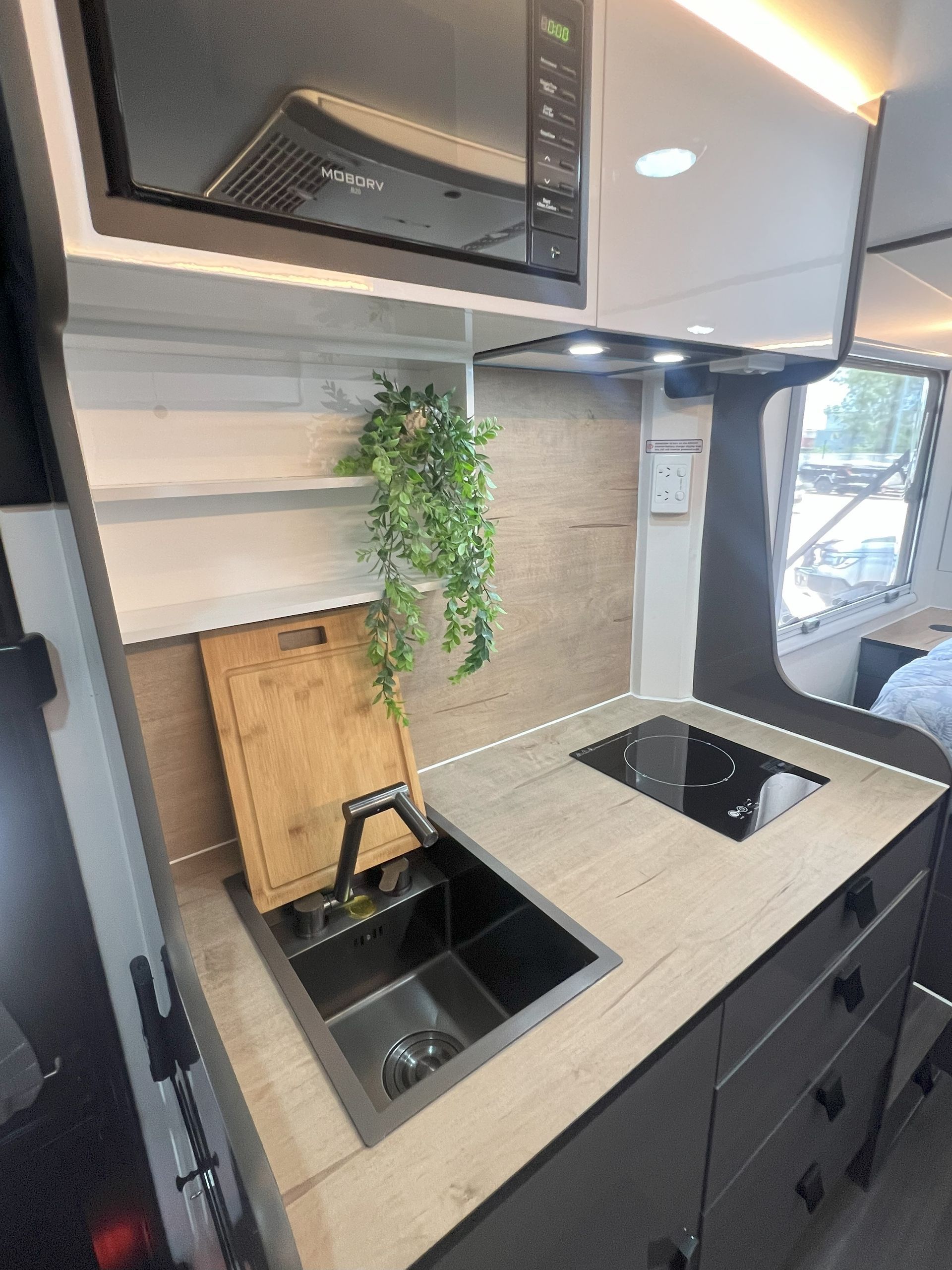 RV kitchen with sink, stovetop, microwave, shelves, and hanging plant.