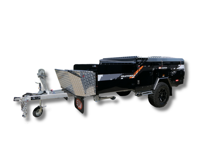 A gray trailer with black wheels is on a white background.