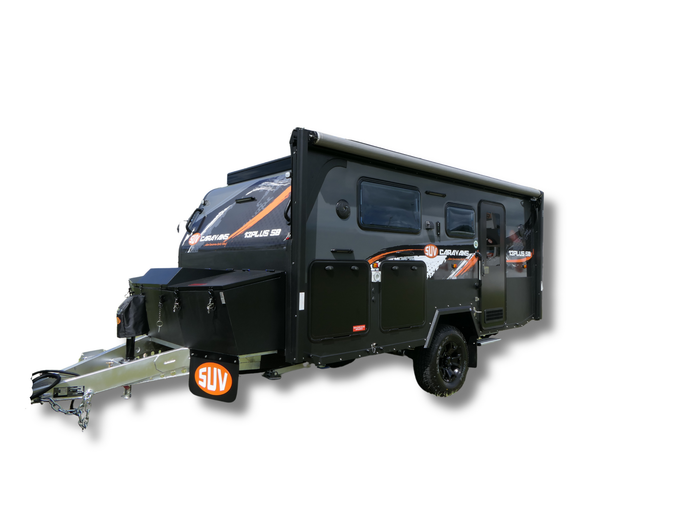 A black camper trailer on a white background.