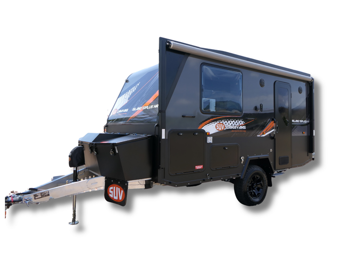 A black camper trailer is parked on a white background.