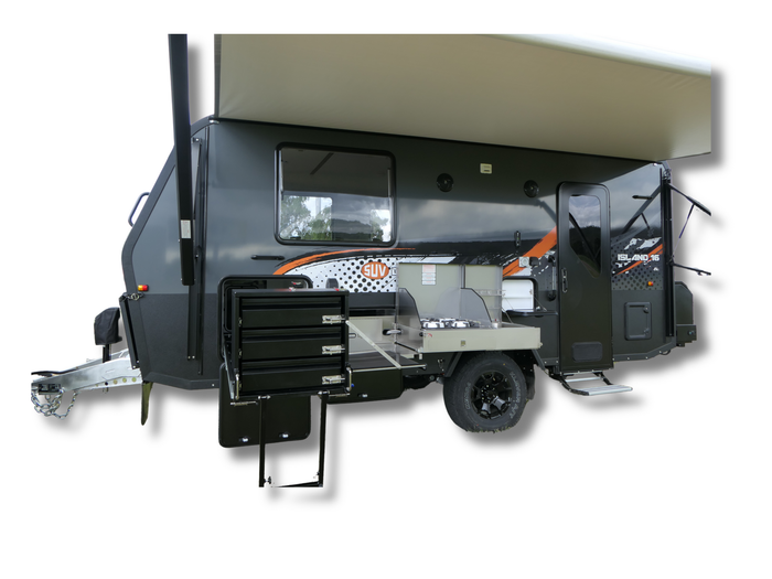 A black camper trailer with the door open on a white background.