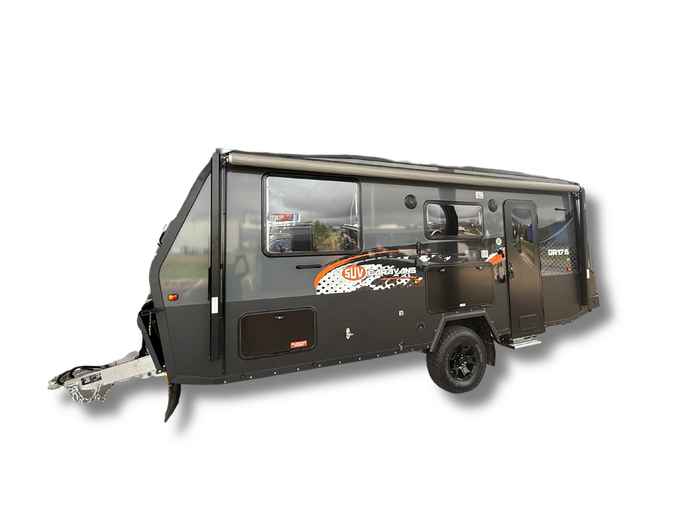 A black rv is parked on a white background.