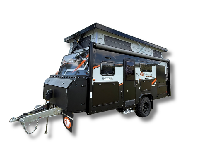 A black and white trailer with a pop up roof on a white background.