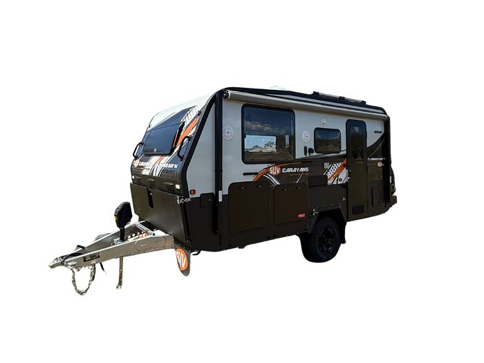 Gray and black caravan trailer with orange accents on a white background.