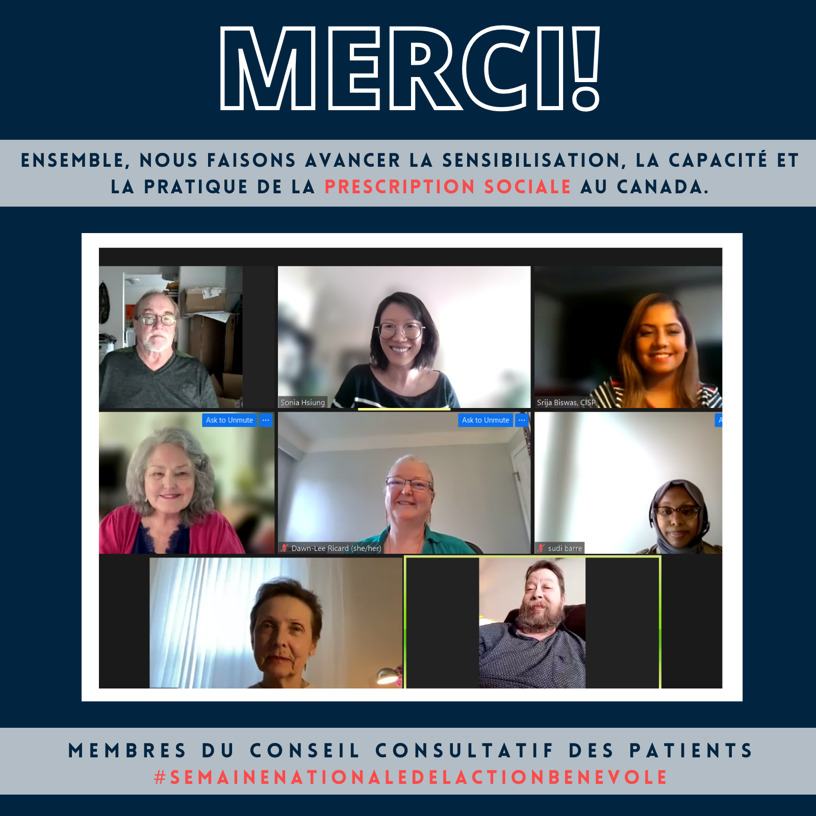 A group of people on a video call with the words merci
