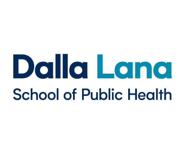 The dalla lana school of public health logo is blue and white.