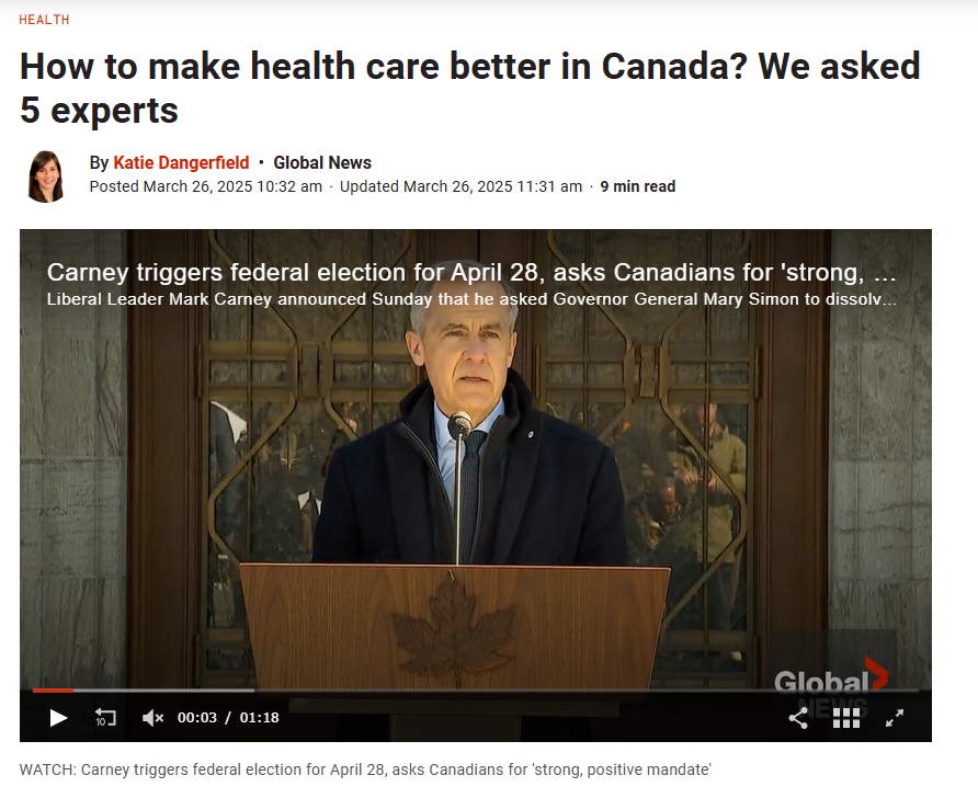 A man is standing at a podium giving a speech on how to make health care better in canada.