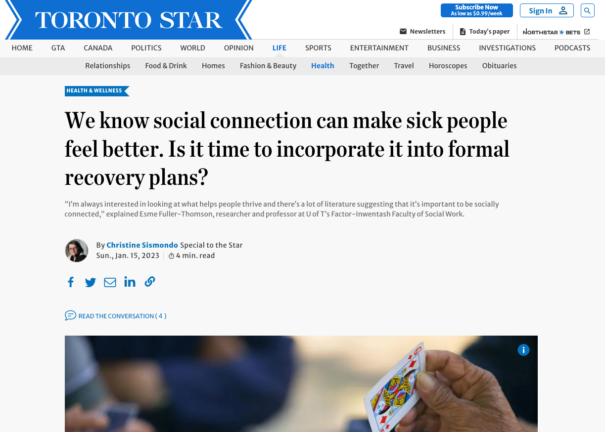 A toronto star article about social connection can make sick people feel better