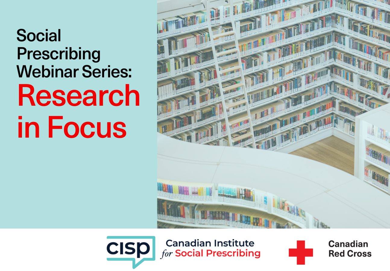 A picture of a library with the words `` social prescribing webinar series : research in focus ''.