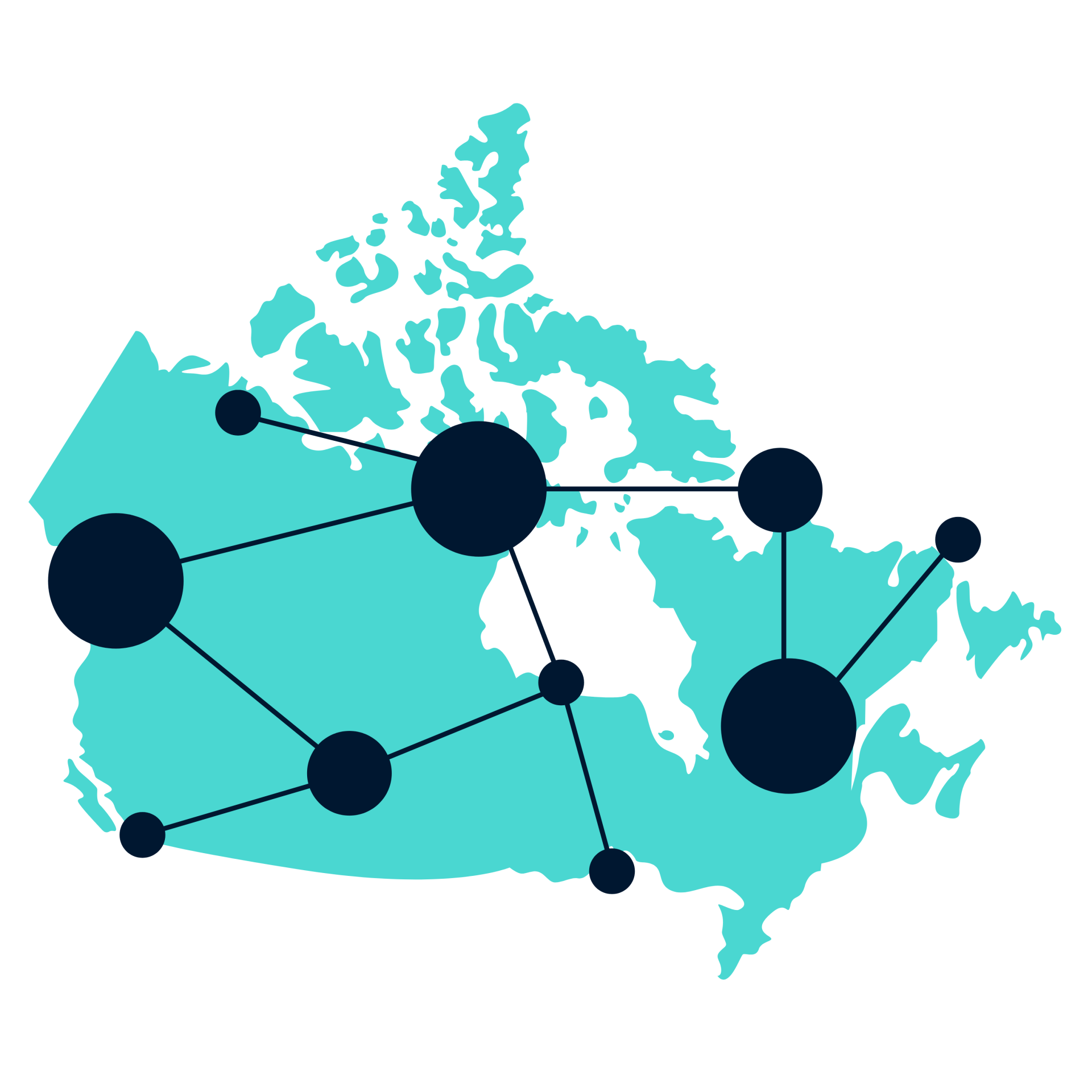 A map of canada with circles and lines connected to it.