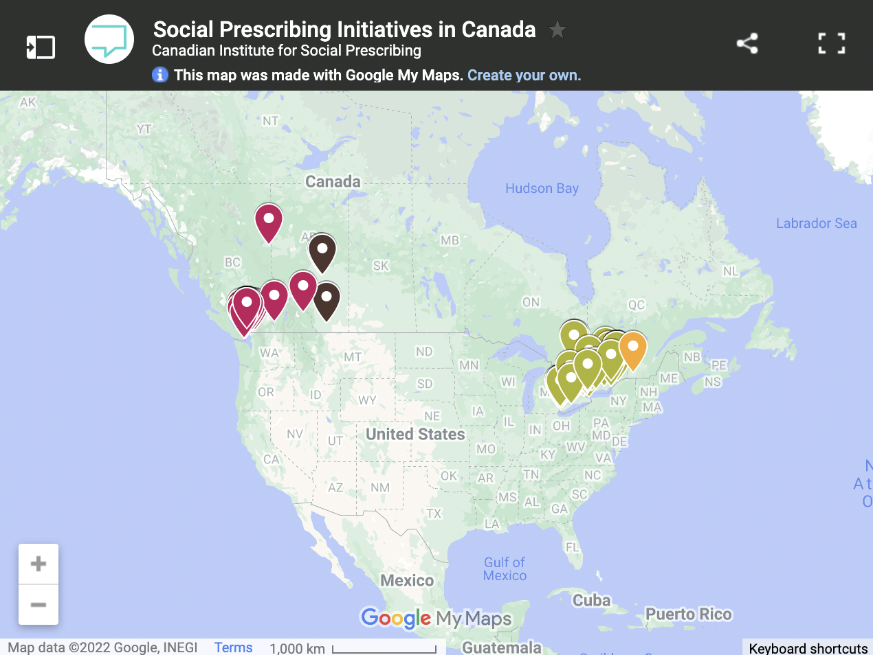 A map of the united states and canada showing social prescribing initiatives in canada.