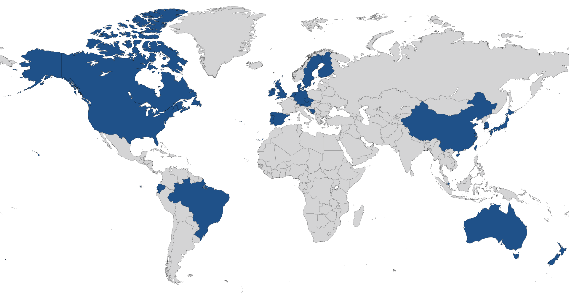 A map of the world showing the countries in blue
