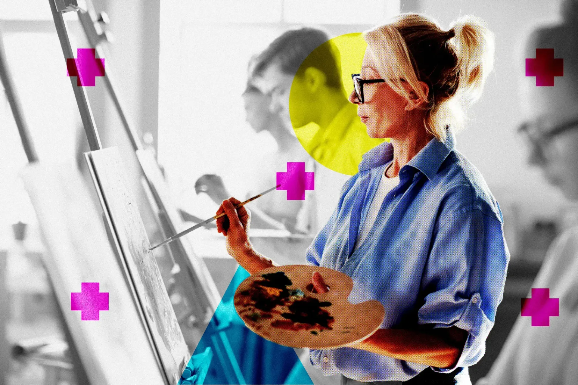 A woman is painting on an easel with a brush and palette.