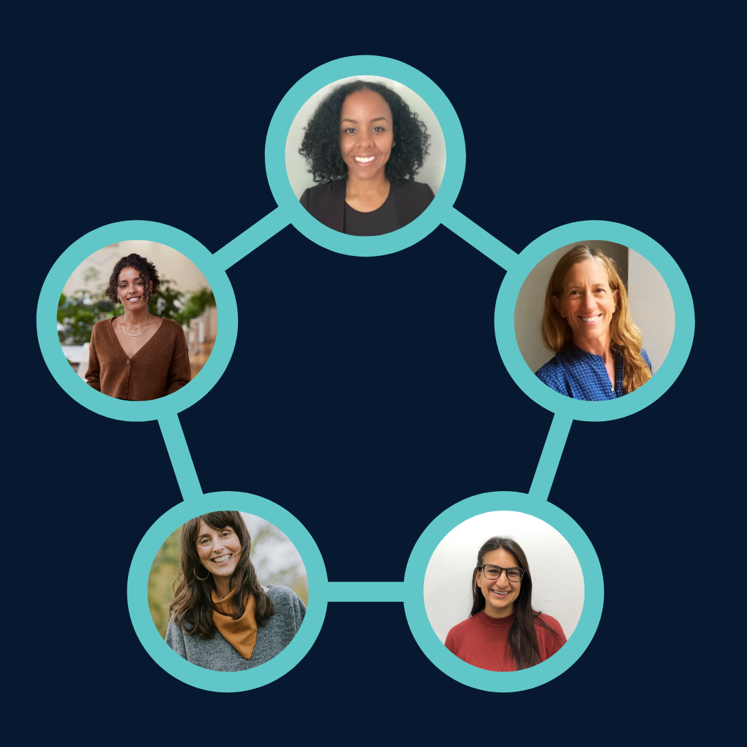 A group of women are connected by circles on a blue background