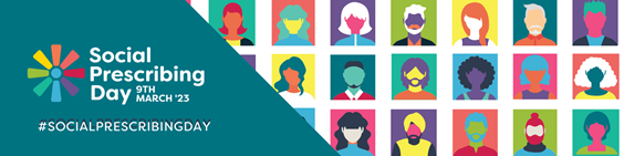 A banner for social prescribing day with a bunch of people 's faces on it.