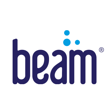A blue and white logo for beam on a white background