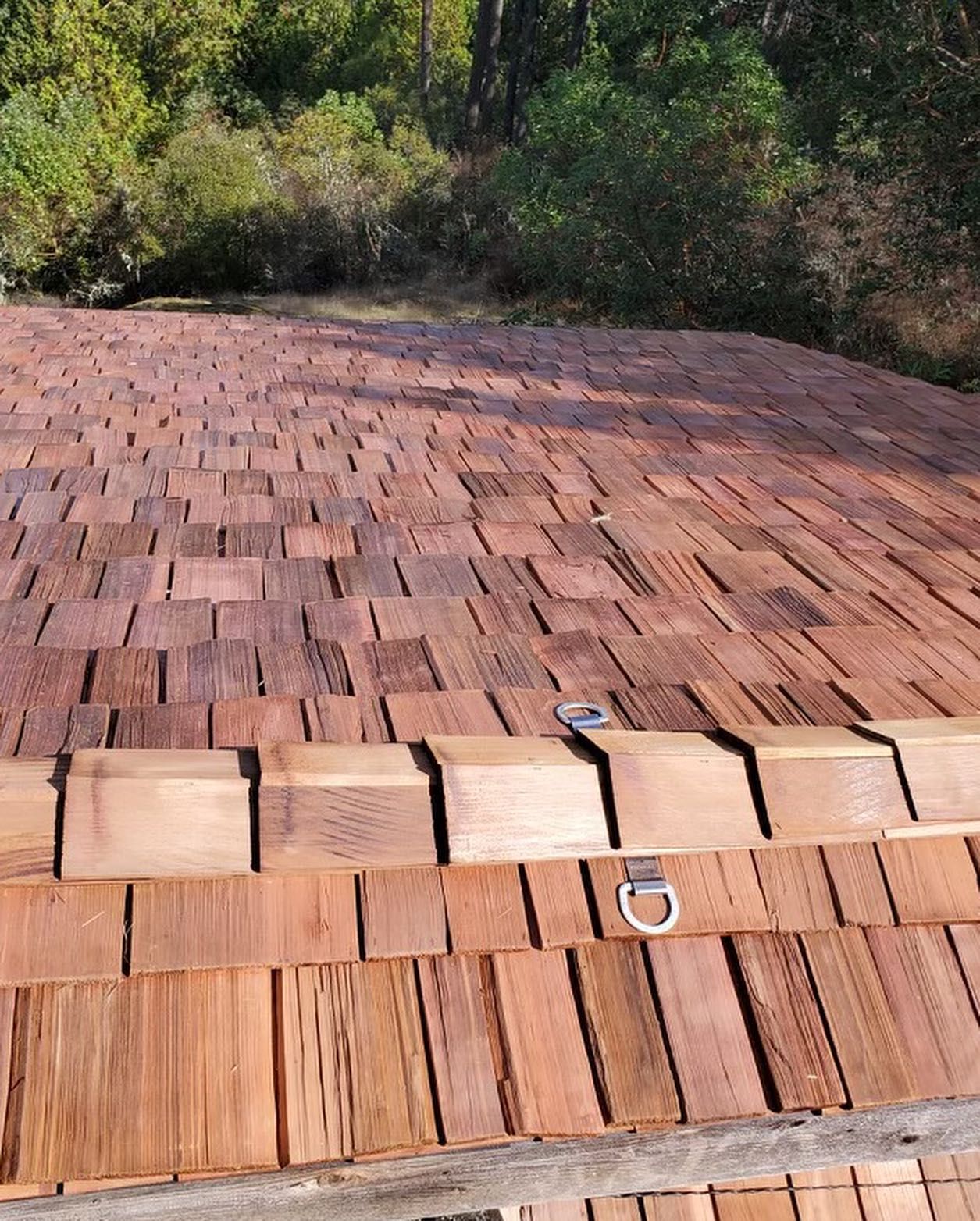A wooden roof with shingles on it is surrounded by trees.