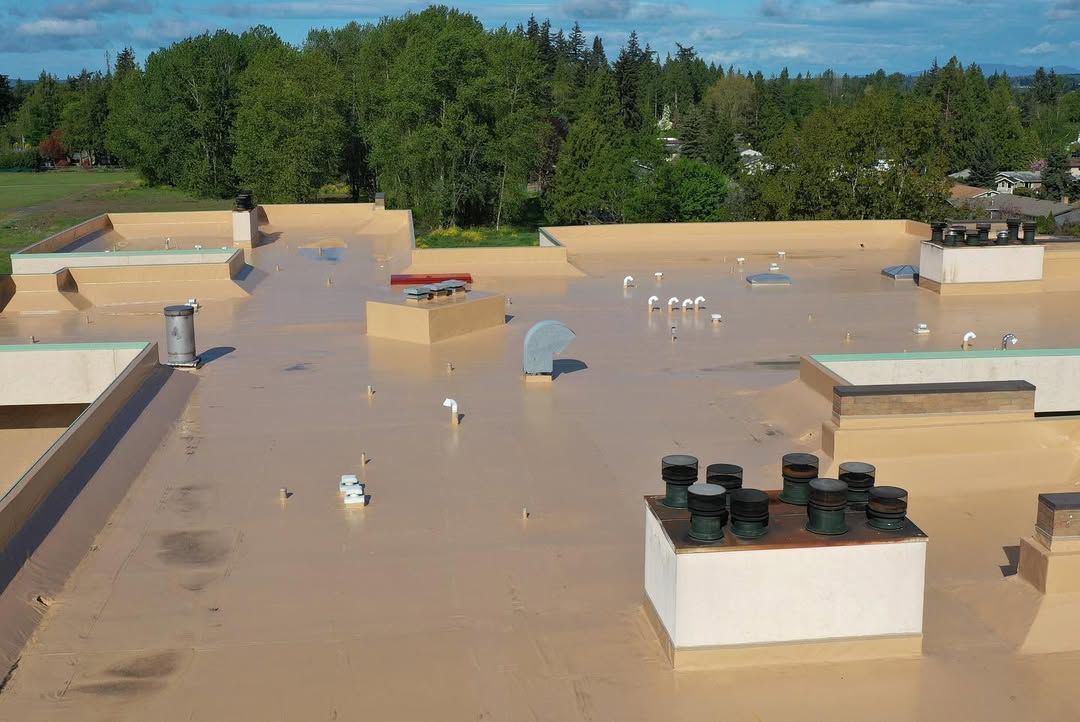 An aerial view of a flat roof with trees in the background.