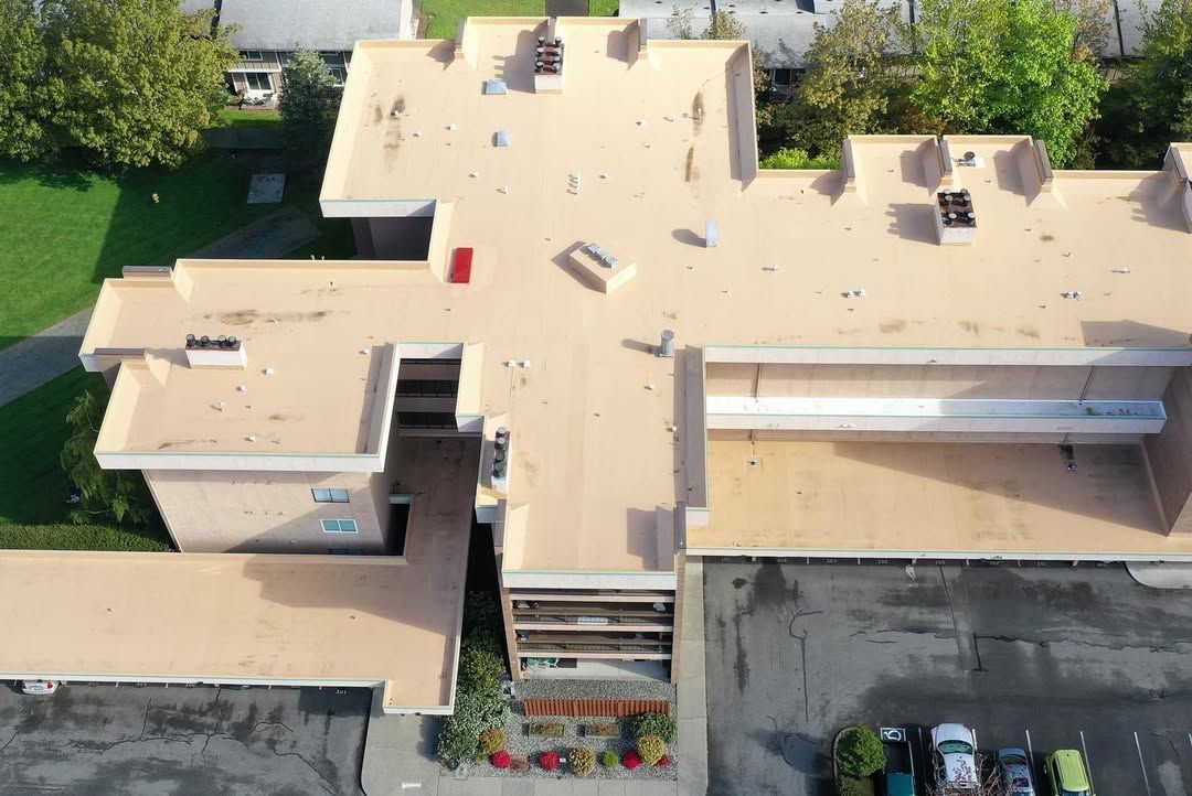 An aerial view of the roof of a building