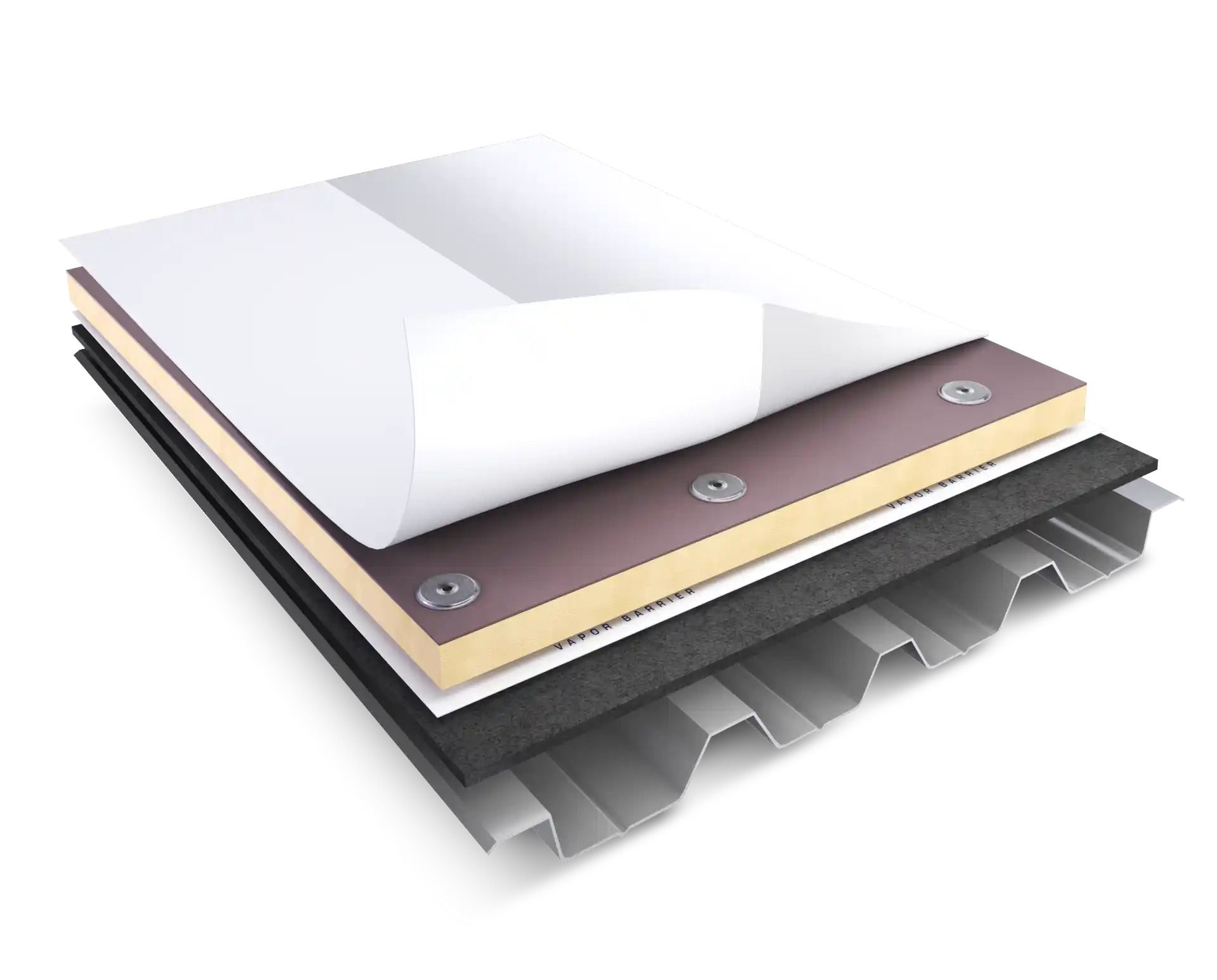 The layers of a duro-last membrane roof are shown on a white background