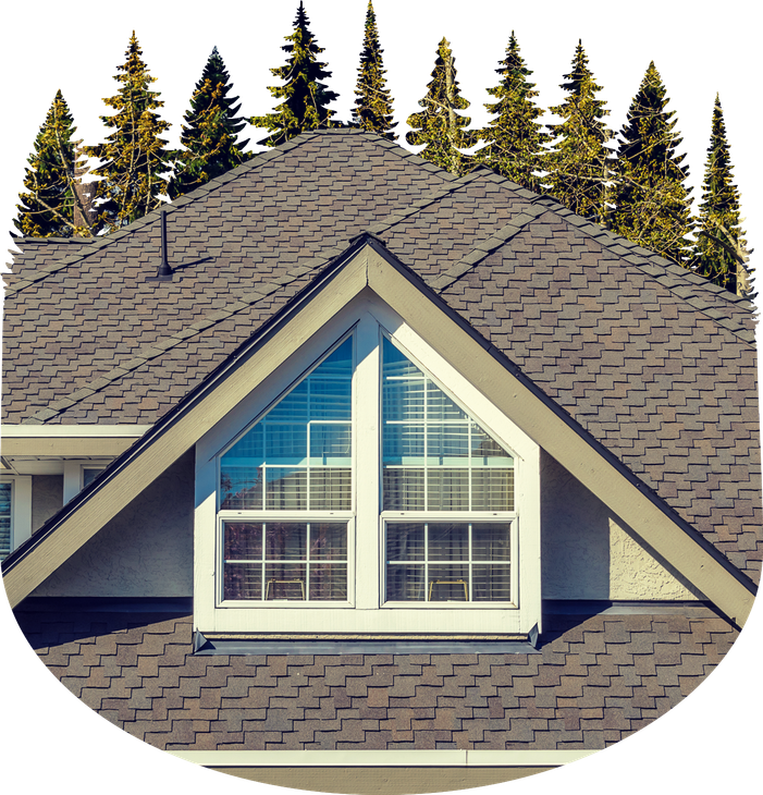 A house with a large window on the roof and trees in the background.