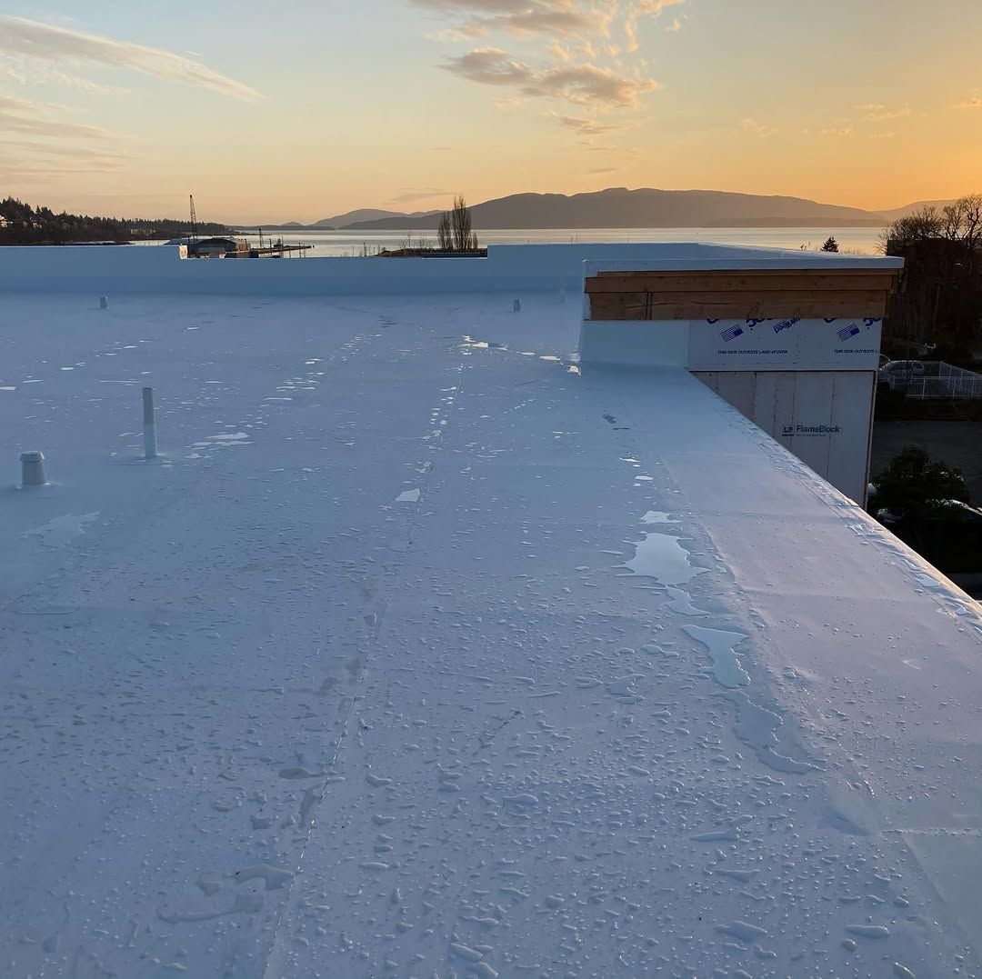 A white flat roof with a view of a body of water and mountains in the background.