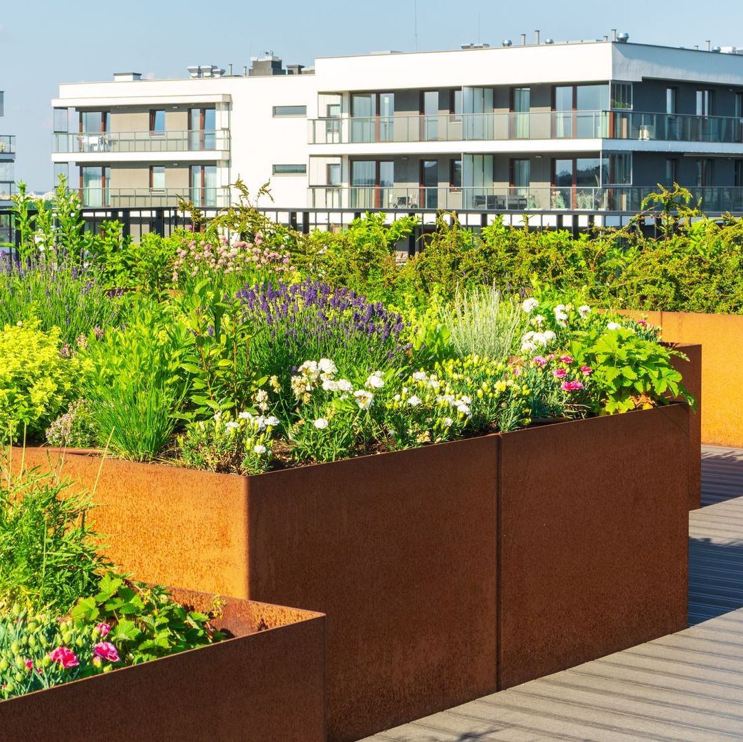 A row of planters filled with flowers and plant systems on a roof