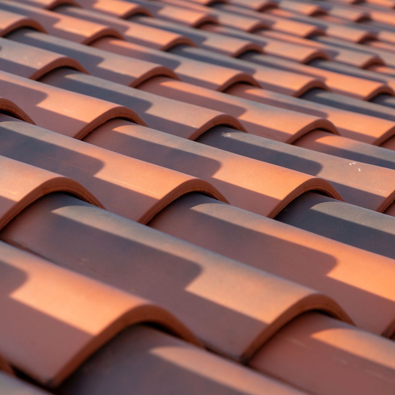 A close up of a row of red tiles on a roof