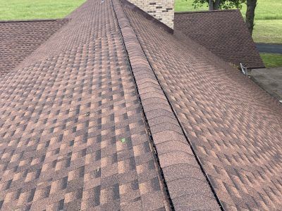Close-up of a shingled roof with a ridge vent running down the center