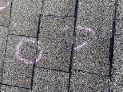 Pink chalk markings on gray roof shingles, including a circle and two curved lines