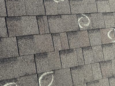 Gray shingle roof with several white chalk markings and a curved streak