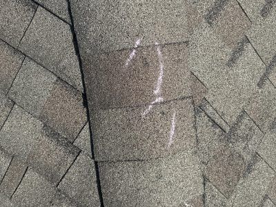 Close-up of gray roof shingles with a small white scuff or paint mark in the center.