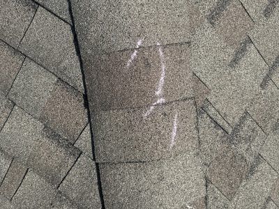Close-up of gray asphalt shingles with a lighter vertical patch in the center